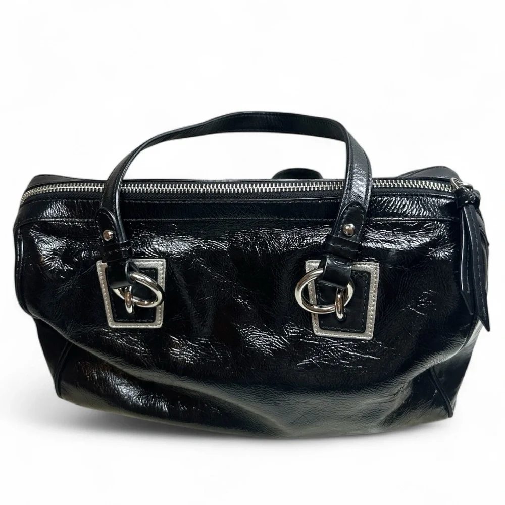 Coach Black Patent Inlaid Leather & Suede Cs Satchel Handbag